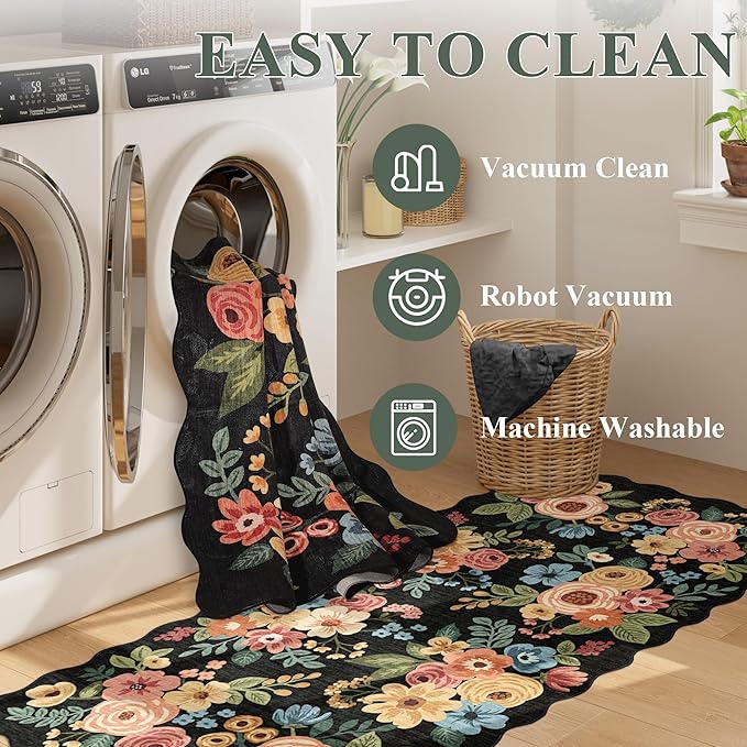 DUKINO 2.6x8 Runner Rug for Hallway, Washable Kitchen Rug with Non Slip Backing & Non-Shediing, Soft Low Pile Floral Design Runner for Bedroom, Kithchen, Living Room, Laundry, Bathroom, Black
