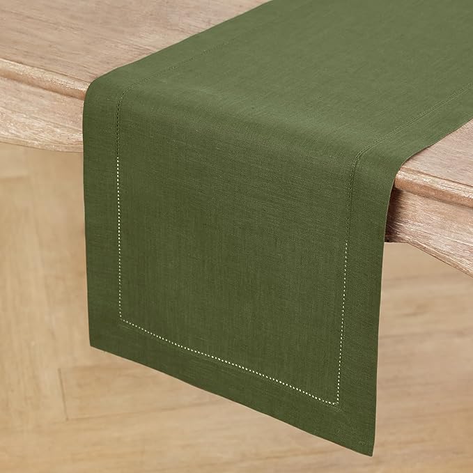 Solino Home Linen Table Runner 60 Inches - 100% Pure Linen Olive Hemstitch Table Runner 14 x 60 Inch Ideal for Dresser and Coffee Tables - Classic Hemstitch - Christmas, New Year