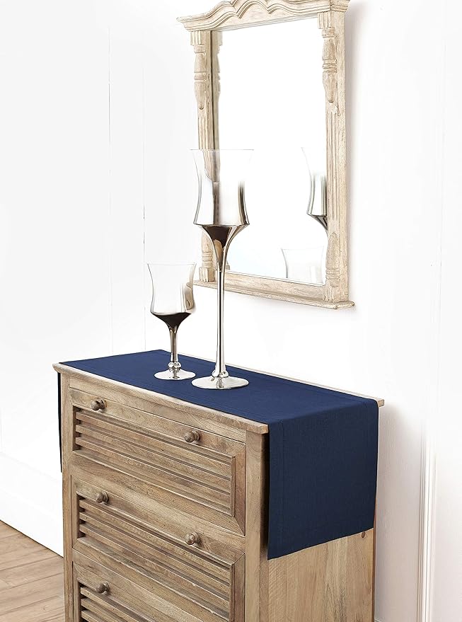 Solino Home Linen Navy Blue Table Runner 48 Inches - Classic Hemstitch, 100% Pure Linen Coffee Table Runner 14 x 48 Inch Ideal for Dresser Tables - Christmas, Holiday, New Year