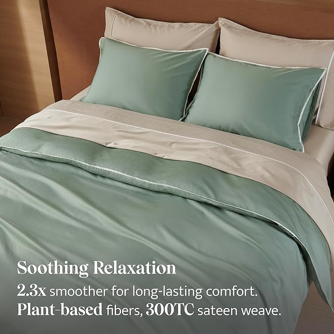 Double Stitch Cotton Tencel Duvet Cover - King Size Comforter Cover, Luxury & Soft Eucalyptus Lyocell Bedding Set for Hot Sleepers, Cooling & Breathable, Button Closure, Sage Green Contrast, 106"x90"