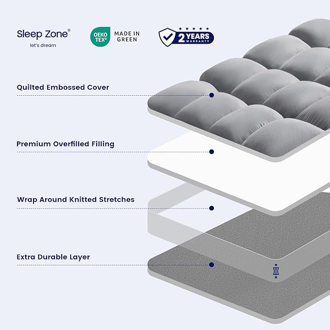 SLEEP ZONE Mattress Topper Queen Size, Extra Thick Fitted Mattress Pad for Back Pain, Plush and Support Mattress Cover, Deep Pockets Mattress Protector, Hotel Quality (Grey, Queen)