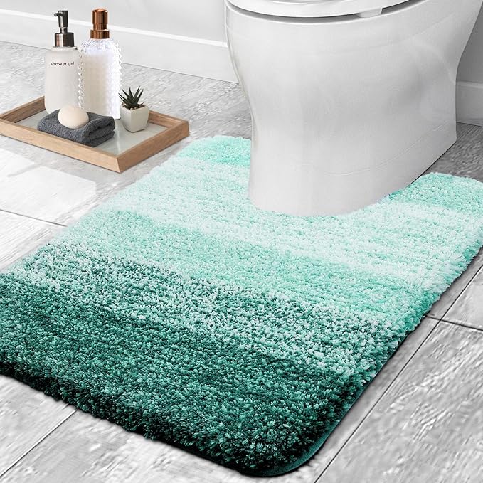 OLANLY Luxury Toilet Rugs U-Shaped 24x20, Extra Soft and Absorbent Microfiber Bathroom Rugs, Non-Slip Plush Shaggy Bath Mat, Machine Wash Dry, Contour Bathroom Mats for Toilet Base, Blackish Green
