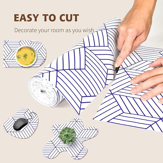 Shelf Liners for Kitchen Cabinets 12in x 20FT, Non Adhesive Cabinet Liner Strong Non-Slip White and Blue Geometric Drawer Liner, Easy to Clean for Shelf, Cabinet with Knife and Tape Measure