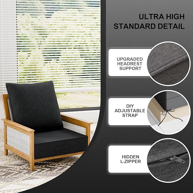 Outdoor Olefin Water-Resistant Deep Seat Cushion Set, 24''x 24''x 6'' Weather and Fade Resistant Patio Furniture Seat Cushion, Thickened Sofa Chair Pad with Straps for Lawn, Garden, Dark Gray