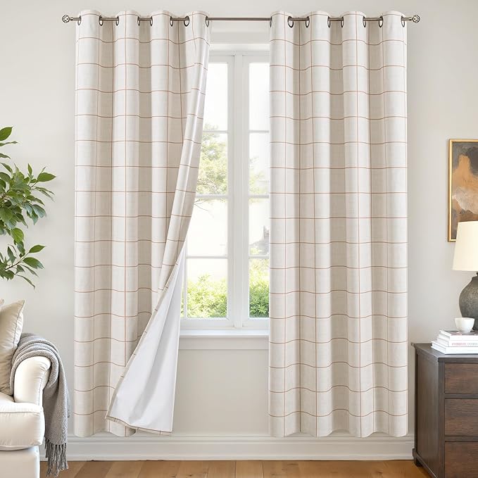 Linen Blackout Curtains for Living Room - Plaid Patterned Curtains 72 Inch Long, Boho Black Out Thermal Insulated Drapes for Bedroom Grommet Style 52x72 Inch 2 Panels, Terracotta