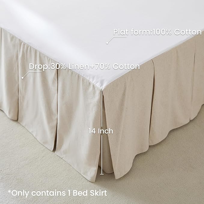 BISELINA French Linen Pleated Bed Skirt, 14" Tailored Draped Natural Linen-Cotton Blend Basic Dust Border Soft Comfort Farmhouse Bedding (14" Queen, Linen)