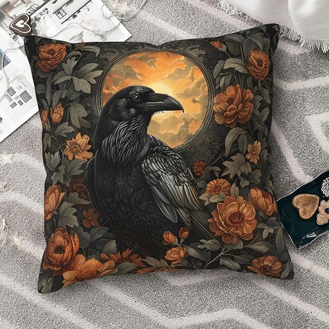 Mystical Raven Art Print Decor, William Morris Abstract Vintage Floral Design 18x18 inches Throw Pillow Covers Square Pillowcases Decor for Bed Couch Sofa Room Cushion Covers