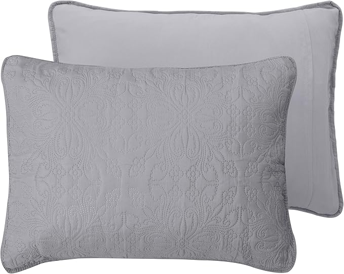 Easy-Going King Size Reversible Quilt Set with 1 Quilt and 2 Pillow Shams, Soft Bed Quilt Cover, Water Resistant Lightweight Microfiber Bedspread, Stain Resistant, Damask-Light Gray/Ivory