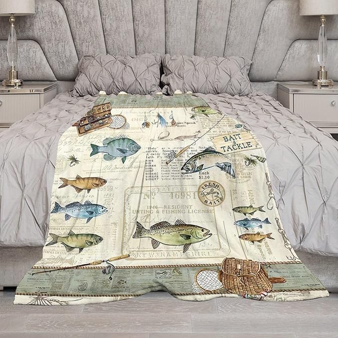 Fishing Blanket Fishing Gifts for Men Fish Throw Blanket Fishing Blanket for Kids Adults Soft Warm Cozy Fleece Blanket for Couch Sofa Bed 60"x80"