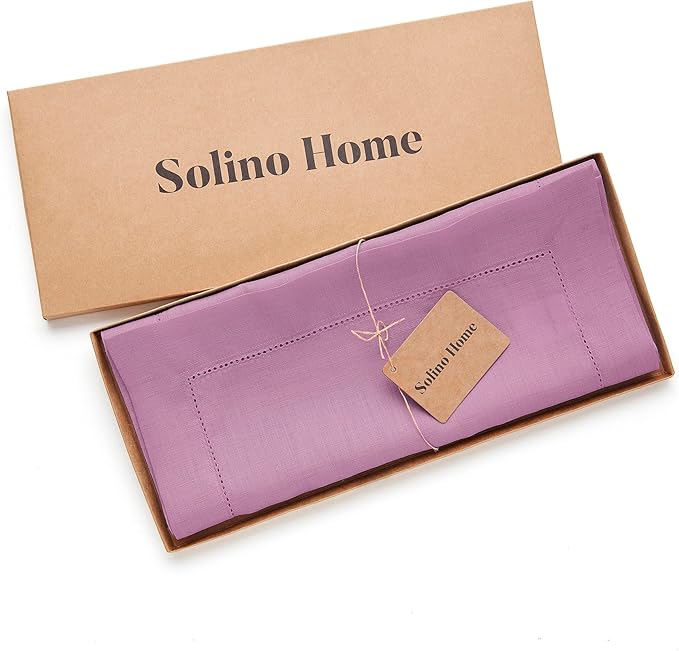 Solino Home Linen Table Runner 120 Inches Long - Classic Hemstitch 100% Pure Linen Violet Dining Table Runner 14 x 120 Inch