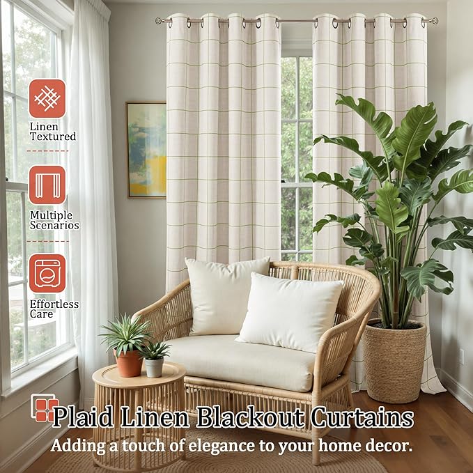 Sage Green Plaid Curtains Pattern Printed 90 Inches Long - Total Linen Blackout Curtains for Living Room, Boho Grommet Drapes for Farmhouse Thermal Drapery 52x90 Inch 2 Panels