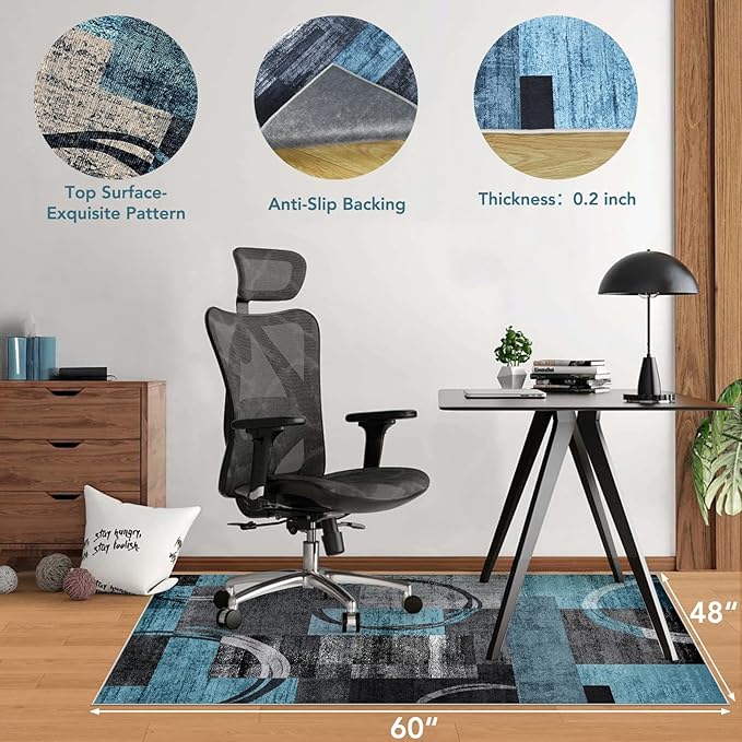 Office Chair Mat for Hardwood Floor&Tile Floor,48"X 60" Heavy Duty Desk Chair Mat for Hard Floors,Under Desk Rug for Rolling Computer Chair,Anti Slip,Low Pile Carpet Floor-Geo Blue Gray