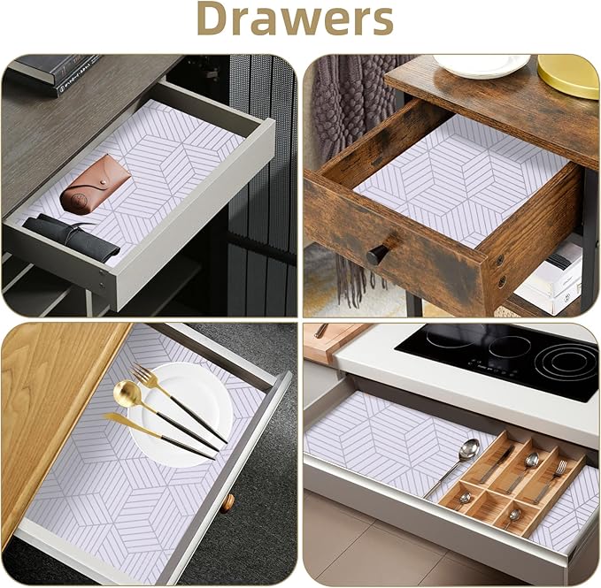 Shelf Liners for Kitchen Cabinets 12in x 30FT, Non Adhesive Cabinet Liner Strong Non-Slip Thickened Silver Geometric Easy to Clean for Shelf, Cabinet, Refrigerator with Knife and Tape Measure