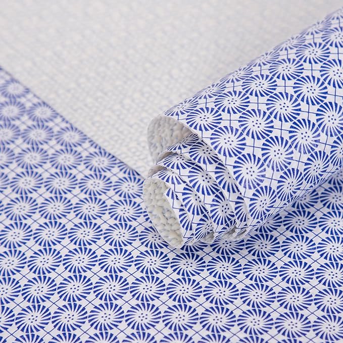 RAY STAR 12X120 Inch Shelf Liner for Kitchen Cabinets, Non-Adhesive Cabinet Liner Washable, PVC Drawer Liner for Dresser Non-Slip Bathroom (Blue Circle)(5 Roll)