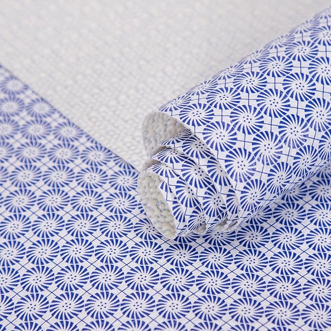 RAY STAR 18X96 Inch Shelf Liner for Kitchen Cabinets, Non-Adhesive Cabinet Liner Washable, PVC Drawer Liner for Dresser Non-Slip Bathroom (Blue Circle)(5 Roll)