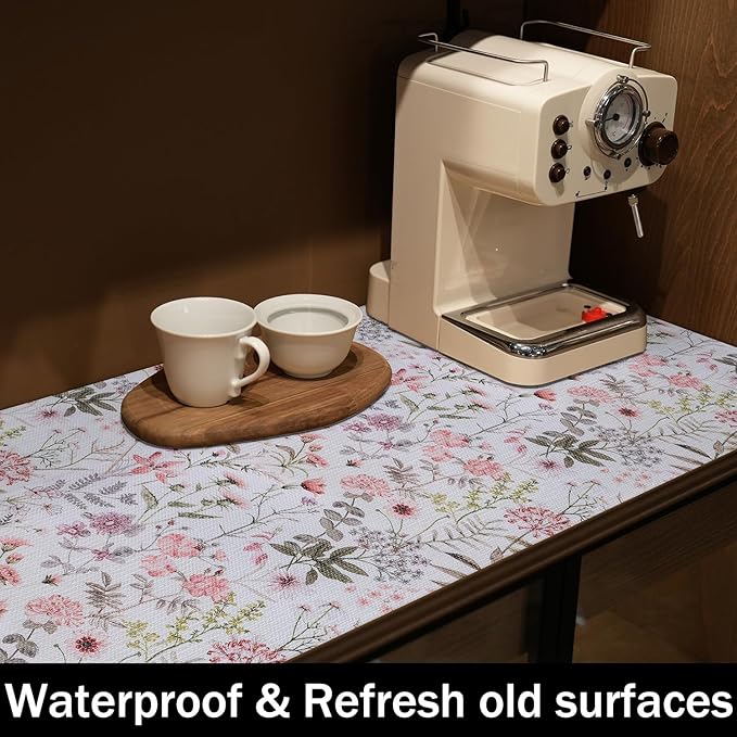 Floral Leaf Shelf Liners Strong Non-Slip and Non Adhesive 12IN x 20FT Shelf and Drawer Liners for Kitchen Cabinet Wire Fridge, Waterproof Shelf Drawer Liner,Easy to Clean