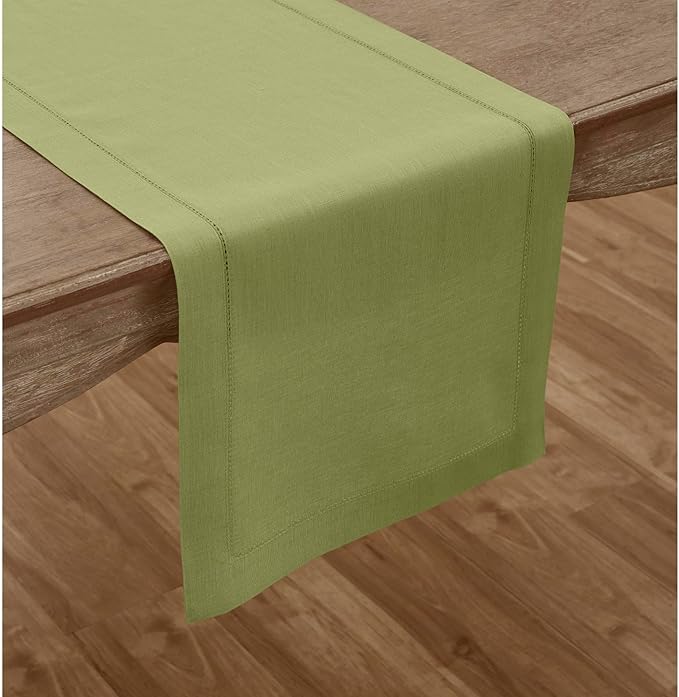 Solino Home Linen Moss Green Table Runner 132 Inches Long - 100% Pure Linen Extra Long Table Runner 14 x 132 Inch - Classic Hemstitch