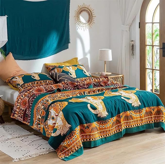 100% Cotton Boho Throw Blanket 80''x90'' Muslin Throw for Bed Couch,Travel Mexican Picnic Blankets Super Soft Reversible Blanket Muslin Quilts