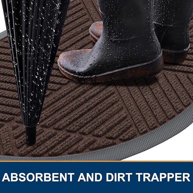Smiry Half Circle Front Door Mat Outside Entrance, Heavy Duty Sturdy Natural Rubber Doormat, Trap Dirt and Moisture, Low Profile Mats for Indoor Outdoor Entry, Irregular Triangle (29.5x17, Dark Brown)