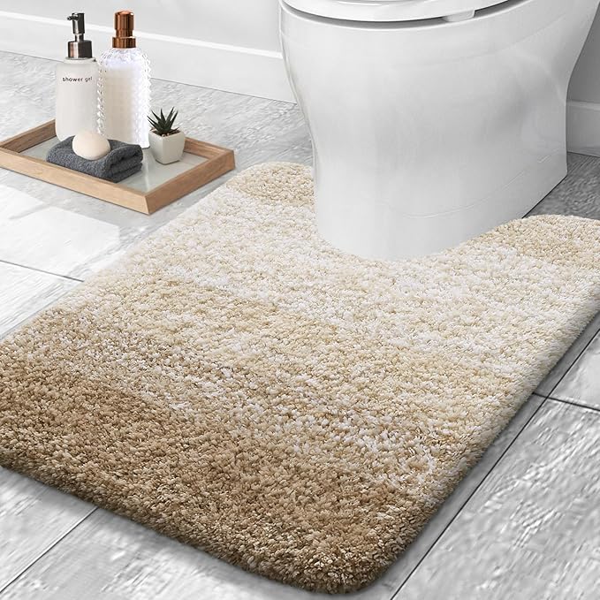 OLANLY Luxury Toilet Rugs U-Shaped 24x20, Extra Soft and Absorbent Microfiber Bathroom Rugs, Non-Slip Plush Shaggy Bath Mat, Machine Wash Dry, Contour Bathroom Mats for Toilet Base, Tan