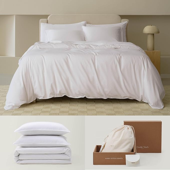 Double Stitch Cotton Tencel Duvet Cover - Queen Size Comforter Cover, Luxury & Soft Eucalyptus Lyocell Bedding Set for Hot Sleepers, Cooling & Breathable, Button Closure, Bright White, 90"x90"