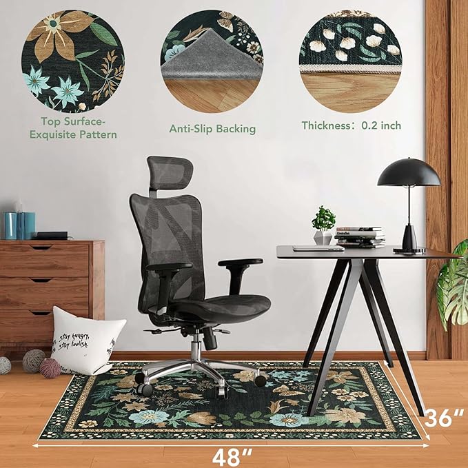 Office Chair Mat for Hardwood Floor&Tile Floor,36"x48" Heavy Duty Desk Chair Mat for Hard Floors,Under Desk Rug for Rolling Computer Chair,Anti Slip,Low Pile Carpet Floor-Square Frame Colorful Flowers