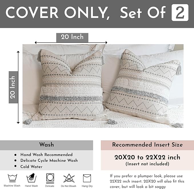 BlissBlush Gray Decorative Throw Pillow Cover 20x20 Combo Set of 2 Square Boho Neutral Grey Accent Pillowcase Tassels Farmhouse Cushion for Couch Sofa Bedroom Living Room Home Décor Cover ONLY