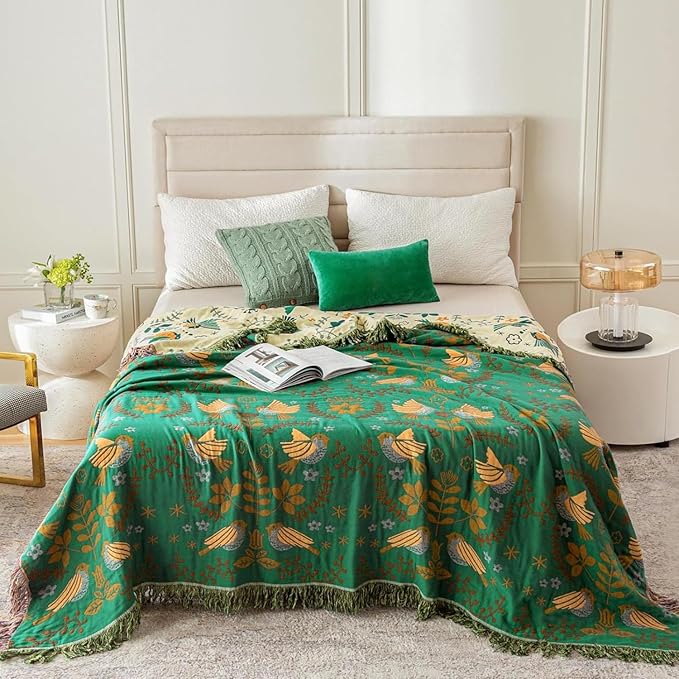 MSGKV Cotton Bed Blanket for Couch and Sofa Blankets for Living Room Bedroom Floral and Birds Throw 80"x90" Breathable Cozy Boho Blankets