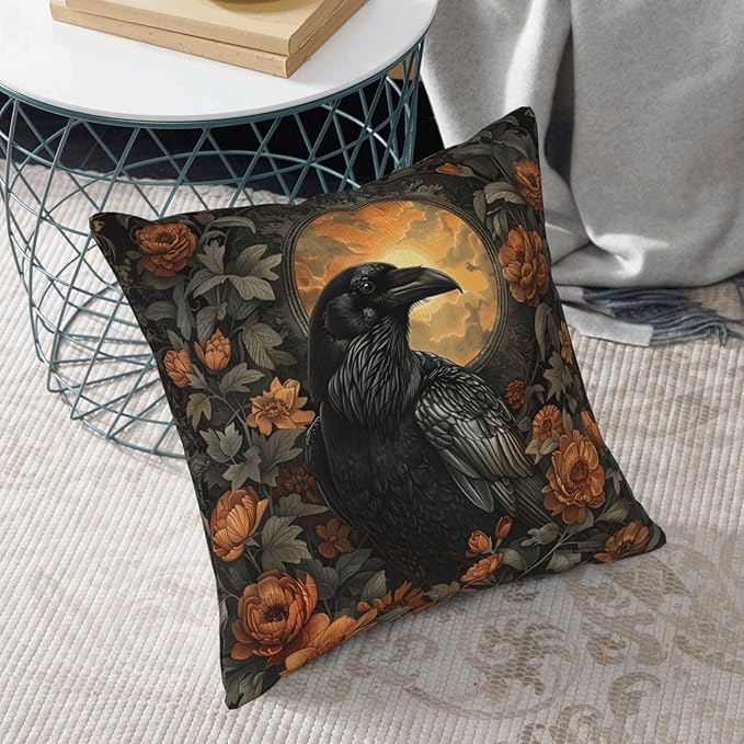Mystical Raven Art Print Decor, William Morris Abstract Vintage Floral Design 18x18 inches Throw Pillow Covers Square Pillowcases Decor for Bed Couch Sofa Room Cushion Covers