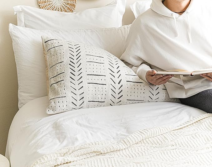 BlissBlush White Soft Chenille Boho Body Pillow Cover 20x54, Decorative Oversized Long Lumbar Pillow, Boho Textured Oversize Body Pillow, Cover ONLY