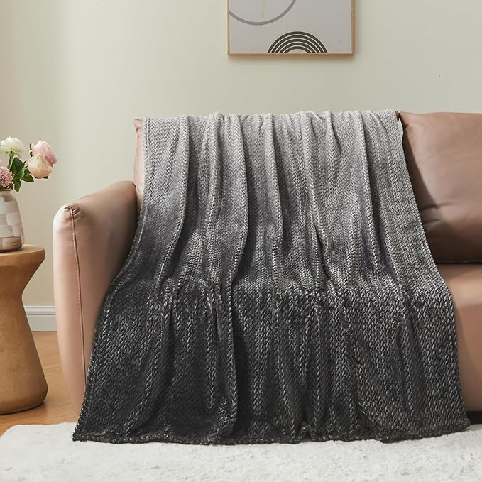 NEWCOSPLAY Super Soft Throw Blanket Ombre Dark Grey Premium Silky Flannel Fleece Leaves Pattern Lightweight Bed Blanket All Season Use (Ombre Dark Grey, Throw(50"x60"))