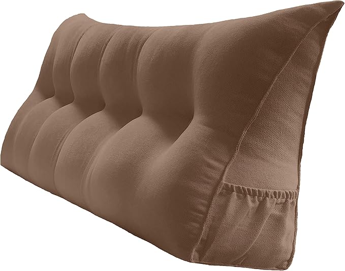 Triangular Reading Bed Rest Pillow Large Bolster Cushion Headboard Backrest Wedge Pillow with Removable Cover and Two Large Side Pockets (Brown, California King: 71 x 8 x 20 inches)