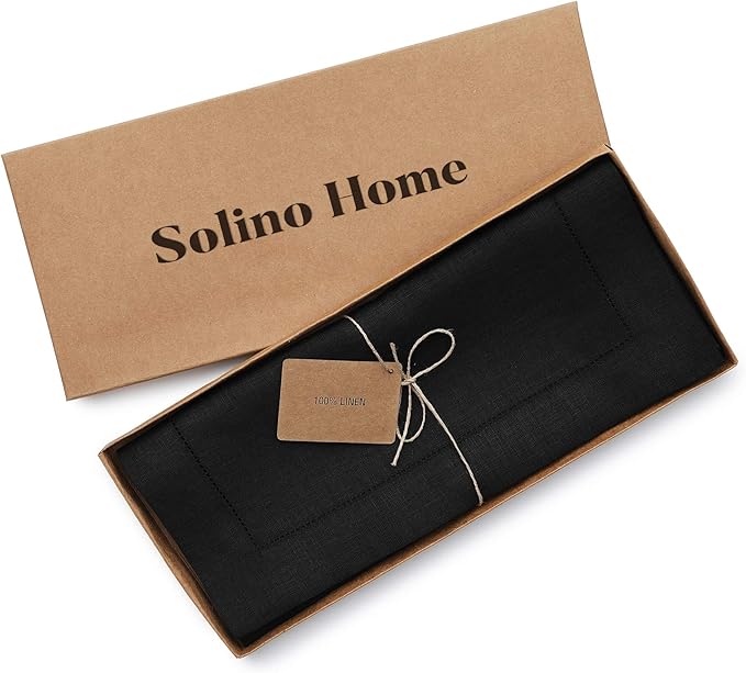 Solino Home Linen Black Table Runner 60 Inches - Classic Hemstitch, 100% Pure Linen Coffee Table Runner 14 x 60 Inch Ideal for Dresser Tables - Holiday, Christmas, New Year