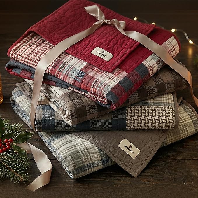 Woolrich Luxury Quilted Throw - Cabin Lifestyle, Patchwork with Moose Design All Season, Lightweight and Breathable Cozy Bedding Layer Throws for Couch Sofa, 50" W x 70" L, Tasha Taupe
