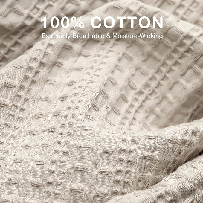 100% Cotton Waffle King Blanket with Fringe 104"x90", Pre-Washed Waffle Weave Blanket for All Season, Lightweight Breathable Soft Cozy Throw Blanket for Couch, Bed, Travel (Beige)