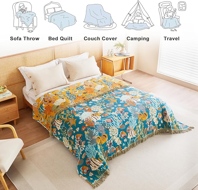 MSGKV Throw Blanket for Couch Cotton Cute Ocean Animals Blanket 50"x60" Sofa Chair Blankets Muslin Breathable All Seasons Lightweight Farmhouse Home Decor