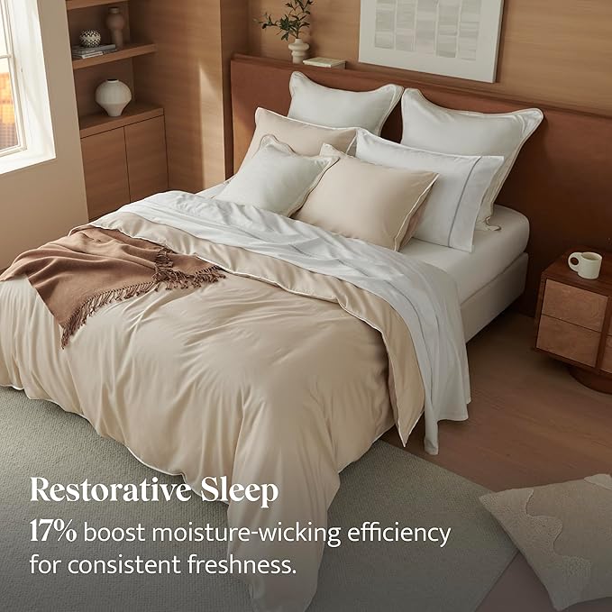 Double Stitch Cotton Tencel Duvet Cover - Queen Size Comforter Cover, Luxury & Soft Eucalyptus Lyocell Bedding Set for Hot Sleepers, Cooling & Breathable, Button Closure, Sandstone Contrast, 90"x90"