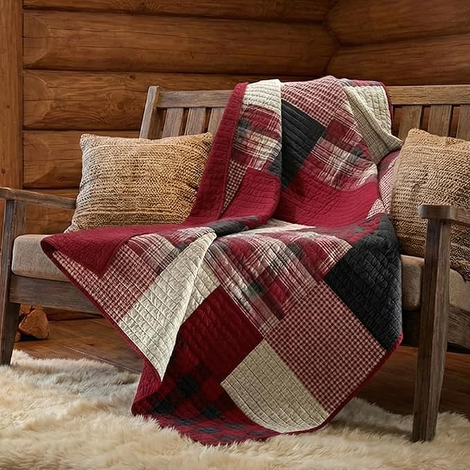 Woolrich Luxury Quilted Throw - Cabin Lifestyle, Patchwork with Moose Design All Season, Lightweight and Breathable Cozy Bedding Layer Throws for Couch Sofa, 50" W x 70" L, Sunset Red