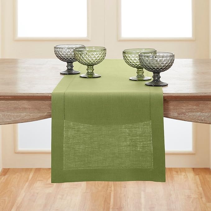 Solino Home Linen Moss Green Table Runner 120 Inches Long - 100% Pure Linen Hemstitch 14 x 120 Inch Table Runner for Dining, Winter - Classic Hemstitch