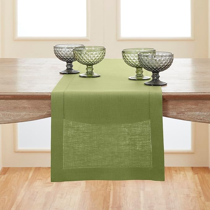 Solino Home Linen Table Runner 108 Inches Long - 100% Pure Linen Moss Green Table Runner 14 x 108 Inch for Winter - Classic Hemstitch