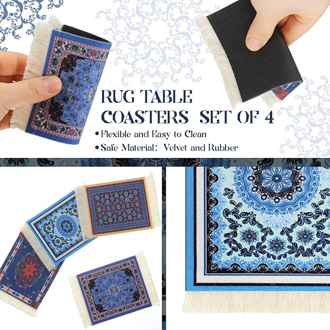 4 Pieces Rug Table Coasters Table Drink Holders Oriental Design Fabric Carpet Drink Mats Oriental Design Fabric Elegant Carpets Kitchen and Bar Mats for Home Office (Square,Novelty Pattern)