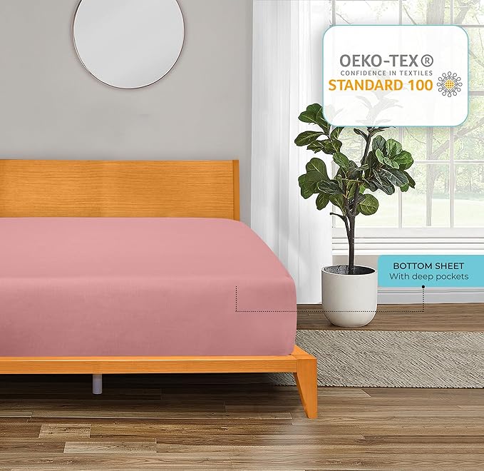 ROYALE LINENS 300 Thread Count 100% Long Staple Combed Cotton Fitted Sheet Twin XL - Super Soft Deep Pocket Bottom Sheet - Fitted Sheets Only - Elastic Sheets (Twin XL, Pink)