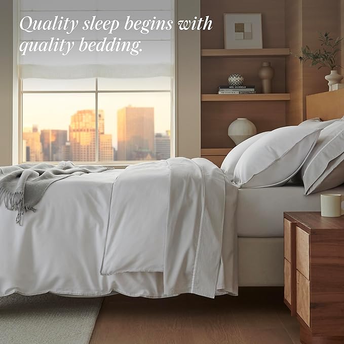 Double Stitch Cotton Tencel Duvet Cover - Queen Size Comforter Cover, Luxury & Soft Eucalyptus Lyocell Bedding for Hot Sleepers, Cooling & Breathable, Button Closure, Bright White Contrast, 90"x90"
