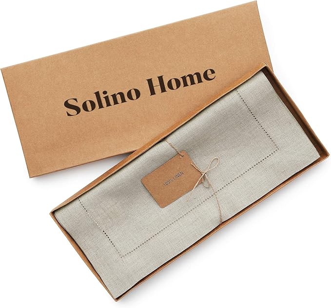 Solino Home Linen Natural Table Runner 108 Inches Long - 100% Pure Linen 14 x 108 Inch Table Runner for Christmas, New Year - Classic Hemstitch
