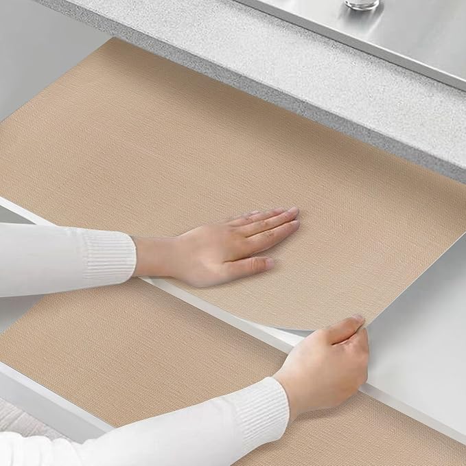 Shelf and Drawer Liner for Kitchen Cabinets Non-Adhesive, Strong Grip Non-Slip Thickened Cabinet Liners for Shelves, Waterproof Mats for Dresser Cupboard, Khaki, 23 in x 10 Feet