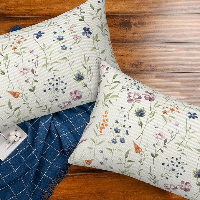 Throw Pillow Covers Spring Summer Floral Pillow Covers 20x12 Inch Set of 2 Watercolor Flowers Throw Pillows Decorative Pillow Cases Cushion Covers for Bedroom Livingroom Sofa Farm House