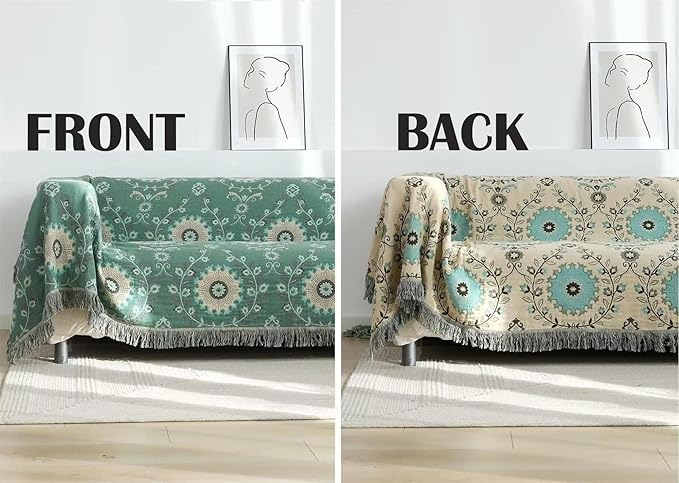 MSGKV Green Boho Throw Blanket for Bed Couch,100% Cotton Mexican Picnic Blankets Travel Blanket 80''x 90'', Super Soft Lightweight Muslin Blanket for Bedroom Living Room Boho Decor