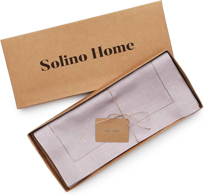 Solino Home Linen Lilac Table Runner 156 Inches Long - 100% Pure Linen Extra Long Table Runner 14 x 156 Inch for Christmas, New Year - Classic Hemstitch