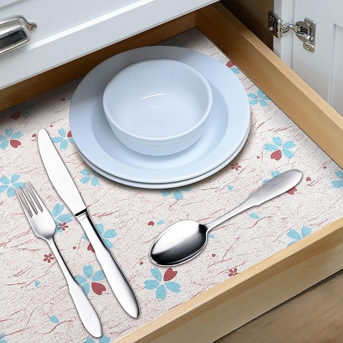 RAY STAR 12X120 Inch Shelf Liner for Kitchen Cabinets, Non-Adhesive Cabinet Liner Washable, PVC Drawer Liner for Dresser Non-Slip Bathroom (Blue-Floral)(3 Roll)