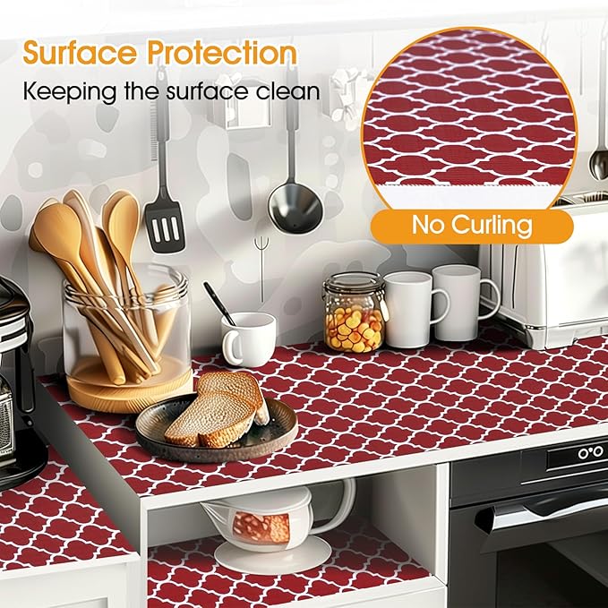Shelf and Drawer Liner for Kitchen Cabinets Non-Adhesive, Strong Grip Non-Slip Thickened Cabinet Liners for Shelves, Waterproof Mats for Dresser Cupboard, Red/White, 23 in x 20 Feet